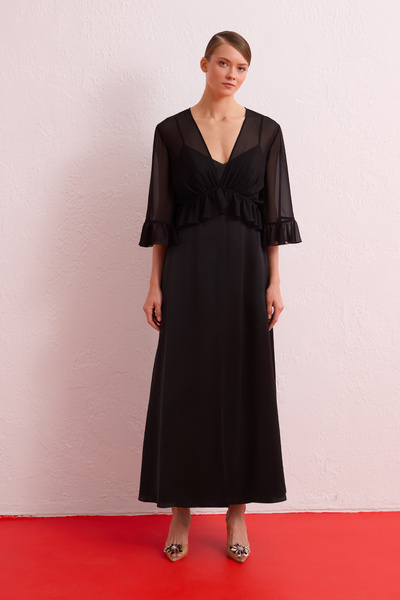 Jus De Pommes SİYAH TRUVAKAR KOLLU ŞİFON UZUN ELBİSE