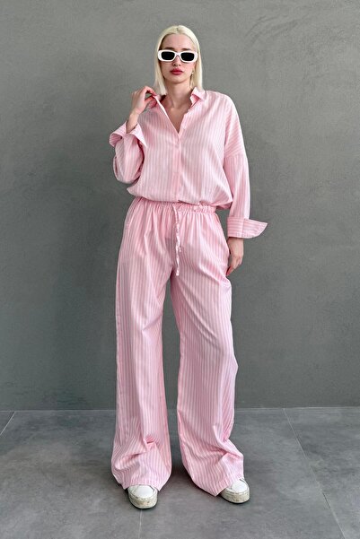 Madmext Pembe Çizgili Gömlek Pantolon Kadın Takım MG2457
