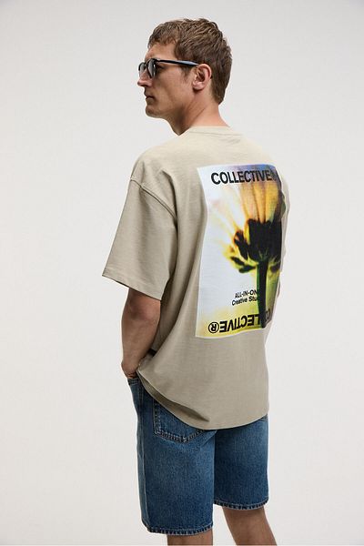 GRIMELANGE Collective Men's Front Embroidery Back Print Detailed 100% Organic Cotton Oversize Short Sleeve Stone Color T-Shirt