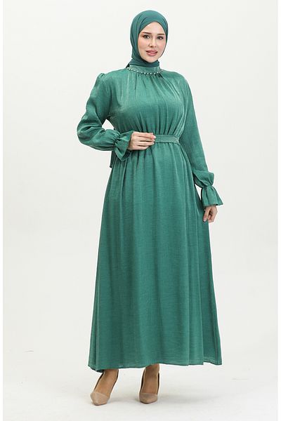 sefamerve Emerald Green Glitter Λινό Φόρεμα - Με Ζώνη, Μοντέλο 81853-07