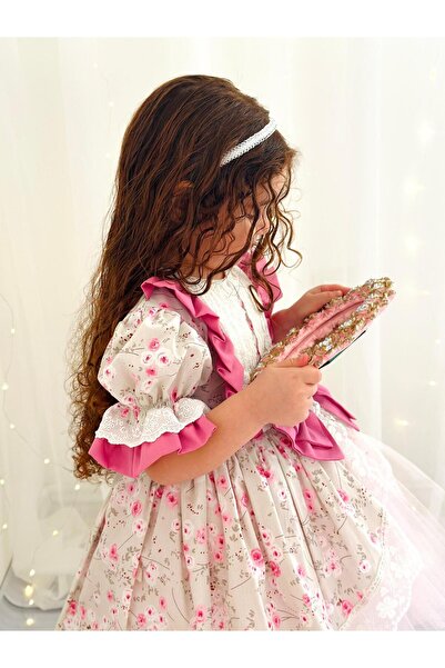 Hly Karol Tasarım Dusty Rose Pink Vintage Baby Girl Dress,Birthday,Photography Shoot Dress,Suitable for 0-12 Years Old