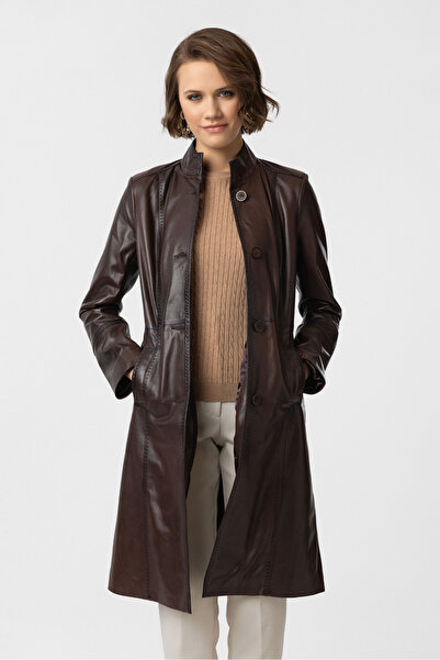 Deriderim Brown Laura Long Buttoned Slim Fit Lined Long Women's Genuine Leather Coat