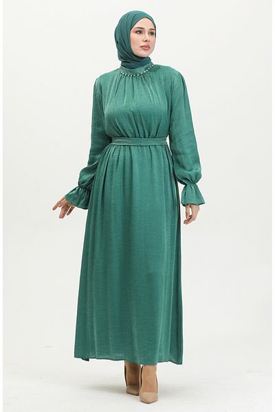 sefamerve Emerald Green Glitter Λινό Φόρεμα - Με Ζώνη, Μοντέλο 81853-07