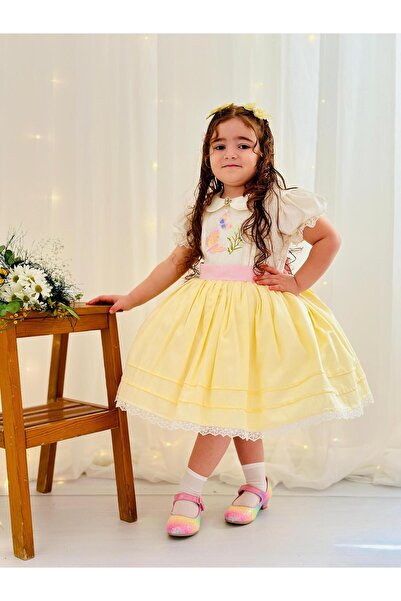 Hly Karol Tasarım Sarı Kız Bebek Elbisesi,Doğum günü elbisesi, fotoğraf çekim elbisesi,0-12 Yaşa Uygun