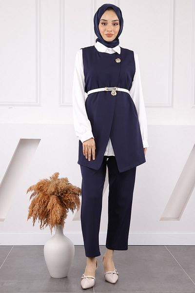 İmajButik Σετ Παντελόνι Γιλέκο Μπλε Navy Πουκάμισο Τριπλό Συνδυασμό