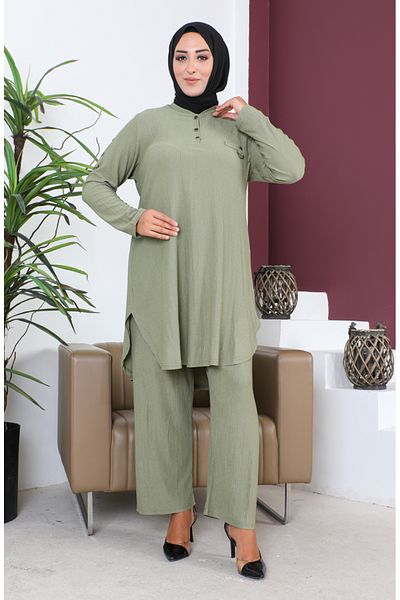 sefamerve Σετ χιτώνα και παντελόνι Khaki Plus Size - 2691-01
