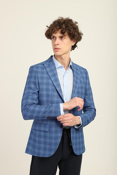 AGUSTİNİ Navy Blue Color, Checkered Pattern, Two Buttons Double Slit Pointed Collar Slim Fit Pattern |   Agustini