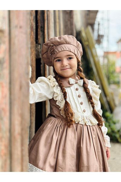 Hly Karol Tasarım Retro Cream Vintage Baby Girl Dress with Hat, Birthday Dress, Photo Shoot Dress, Suitable for 0-12 Years Old