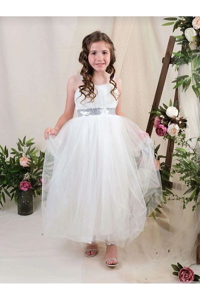 Blotch Stylish and Elegant Shoulder Tulle Strap Belt Silver Sequined White Color Graduation Dress Evening Dress