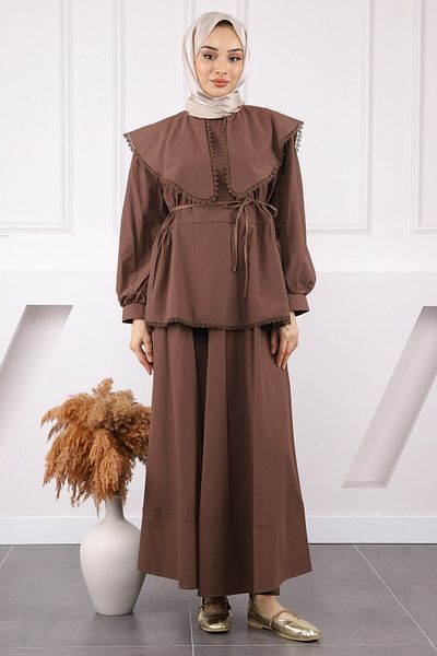 İmajButik Κοστούμι μπλούζας με λεπτομέρεια καφέ πέτο