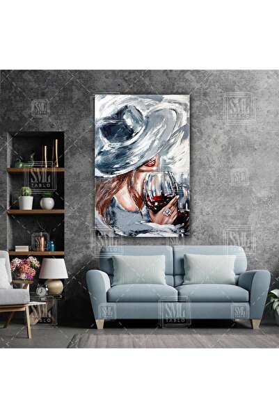 SML TABLO Şarap İçen Şapkalı Kadın Yüzük Yağlı Boya Kırmızı Ruj Dikey Kanvas ...