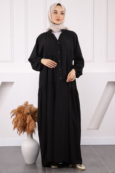 İmajButik Μαύρη φούστα με μισό κουμπί με στρώσεις Modal φόρεμα