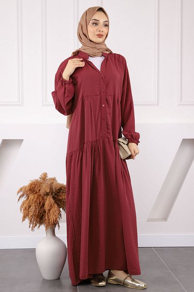 İmajButik Μπορντό φόρεμα με μισό κουμπί φούστα με στρώσεις