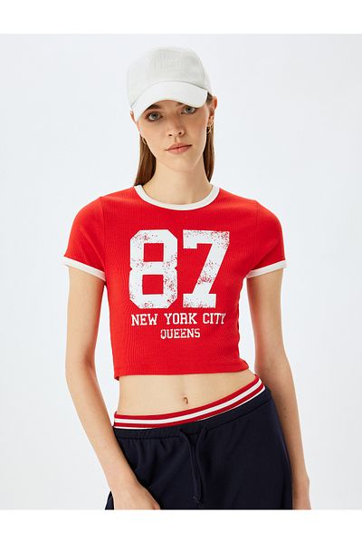 Koton Printed Short Sleeve Crew Neck Slim Fit Crop Camisole T-Shirt