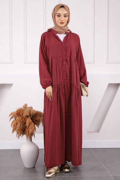 İmajButik Μπορντό φόρεμα με μισό κουμπί φούστα με στρώσεις