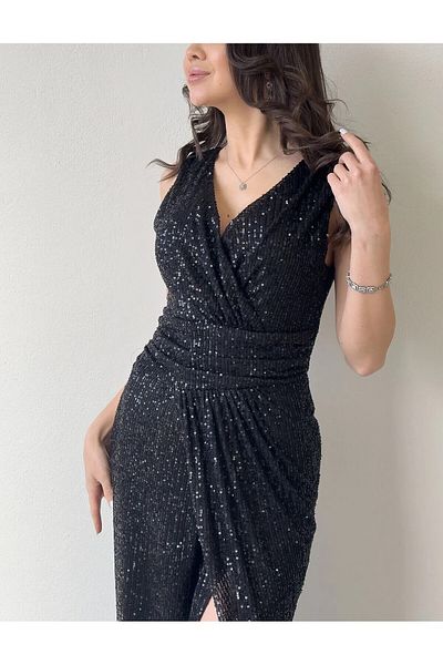 Lensia Double Breasted Neckline Sequin Sequin Zero Sleeve Slit Dress