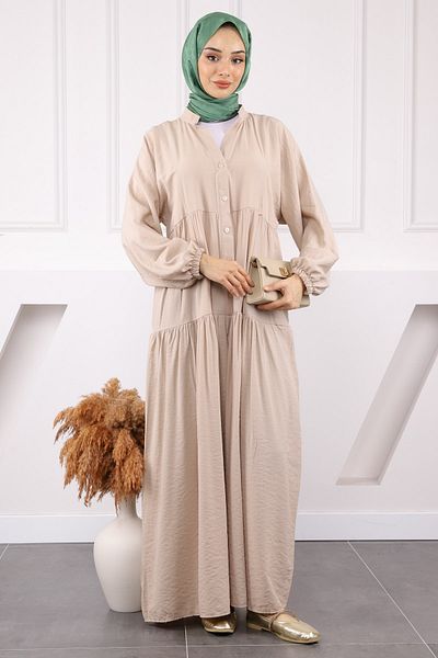 İmajButik Μπεζ φόρεμα με μισό κουμπί φούστα με στρώσεις