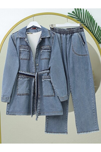 HİJABAYA طقم جاكيت مفصل بالحجر بنطلون جينز بنطلون جينز