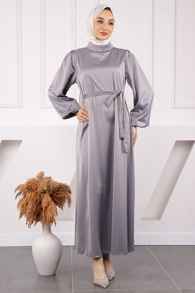 İmajButik Βραδινό φόρεμα σατέν με γιακά με μπαλόνι σε γκρι χρώμα