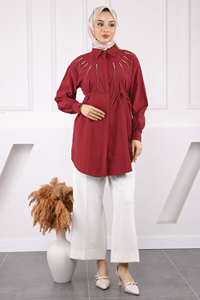 İmajButik Burgundy Modal Tunic with Stones on the Front