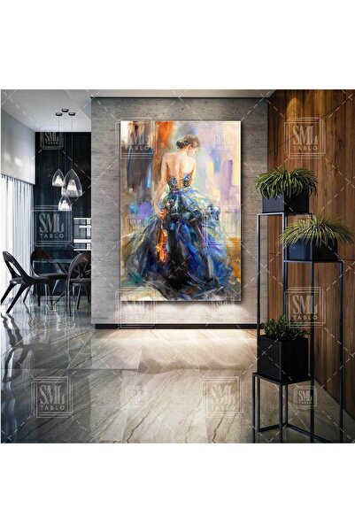 SML TABLO Sırtı Dönük Keman Çalan Kadın Yağlı Boya Efektli Dekor Dikey Kanvas...