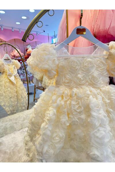 Hly Karol Tasarım Vintage φόρεμα για κοριτσάκι με κρεμ ουρά, φόρεμα γενεθλίων, φόρεμα για φωτογράφιση, κατάλληλο για ηλικίες 0-12 ετών