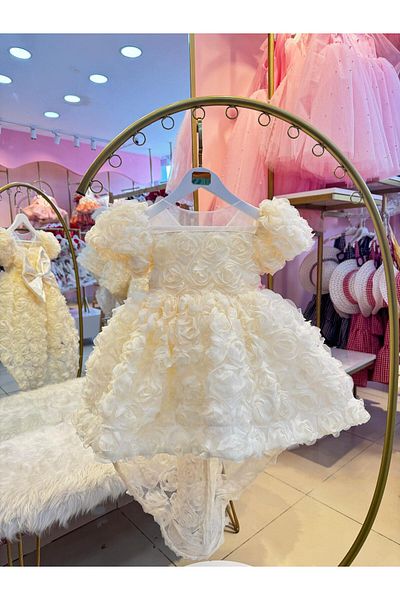 Hly Karol Tasarım Vintage Baby Girl Dress with Cream Tail, Birthday Dress, Photo Shoot Dress, Suitable for Ages 0-12