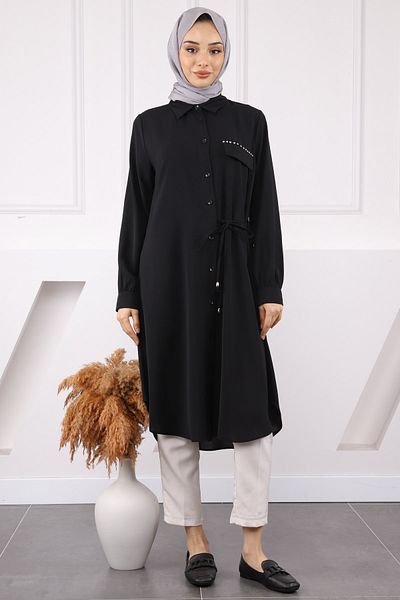 İmajButik Μαύρο χιτώνα Linda με δέσιμο στο πλάι