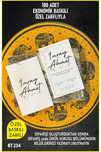 elçinbirlik Düğün Nişan Nikah özel zarflı Davetiye 100 Adet Baskılı