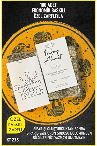 elçinbirlik Düğün Nişan Nikah özel zarflı Davetiye 100 Adet Baskılı Ekonomik ...