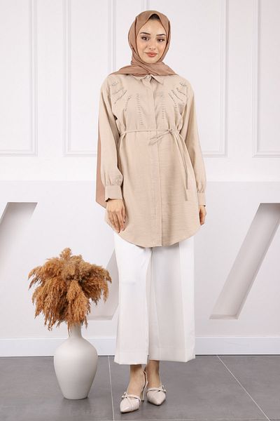 İmajButik Μπεζ Modal Tunic με Πέτρα στο μπροστινό μέρος