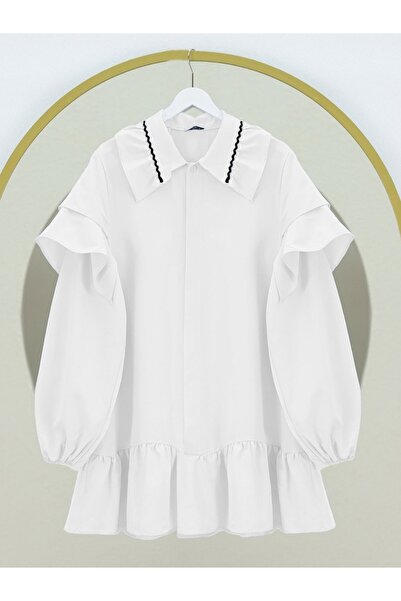 HİJABAYA Poplin Tunic with Embroidery Detail on the Collar and Elastic Sleeves