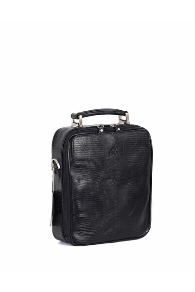 Aka Deri Black Laser Patterned - Leather Portfolio Bag 375