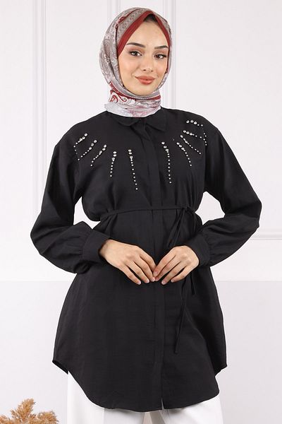 İmajButik Μαύρο Modal Tunic με Πέτρα στο μπροστινό μέρος