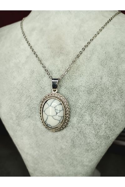 Mos Tespih Howlite Stone Natural Stone Silver Color Necklace