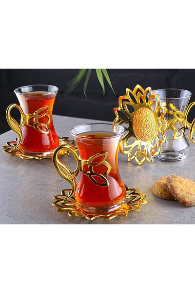 FAIR HOME Demet Gold Tea Set for 6 People: with Metal Handles and Plates