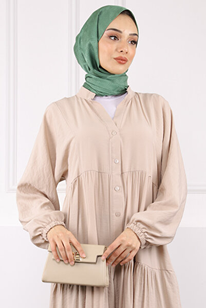 İmajButik Beige Half Button Skirt Layered Modal Dress