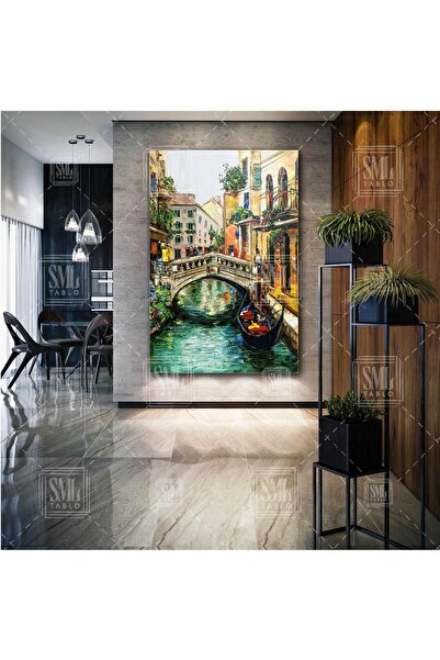 SML TABLO Yağlı Boya Efektli Venedik Manzarası Kayık Şehir Dikey Kanvas Tablo