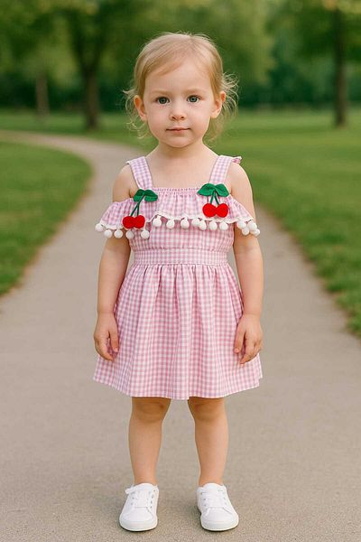 gigigiyim Plaid Patterned Cherry Girl's Dress Dusty Pink