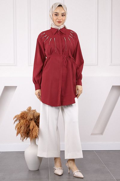 İmajButik Burgundy Modal Tunic with Stones on the Front