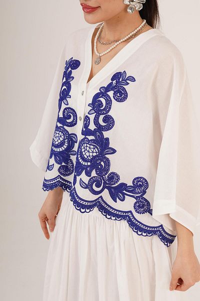 Hipo Trend Embroidered Bat Sleeve Shirt and Lined Skirt Ecru Double Set