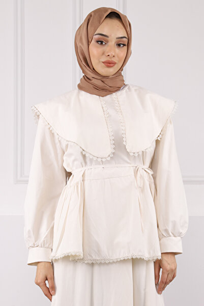 İmajButik Κοστούμι μπλούζα με μπεζ λεπτομέρεια με φούστα