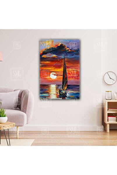 SML TABLO Yelkenli Yağlı Boya Efektli Gün Batımı Manzara Deniz Dikey Kanvas T...