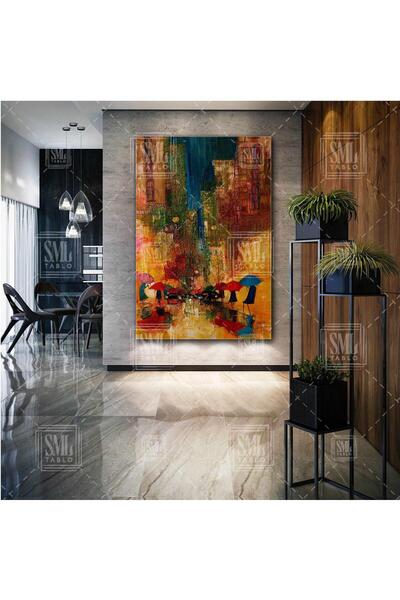 SML TABLO Sokakta Yürüyen Renkli Şemsiyeli Insanlar City Yağlı Boya Efektli Dekor Dikey Kanvas Tablo