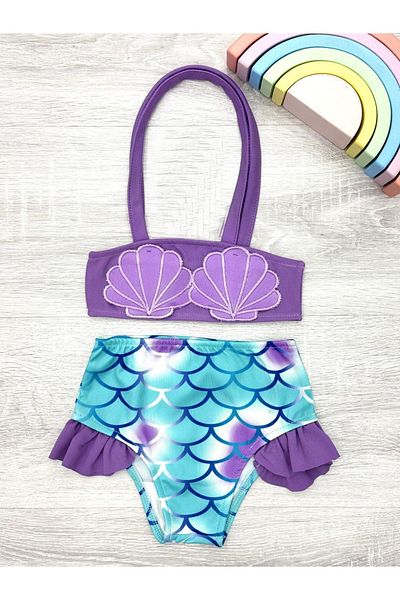 ANGELOS GIRLS Girl's Seashell Embroidered and Ruffled Swimsuit Set 2-8 Years 12212