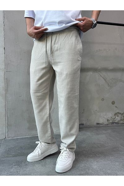 DİFRANSEL Μπεζ λινό παντελόνι Relaks Fit Relaxed Cut