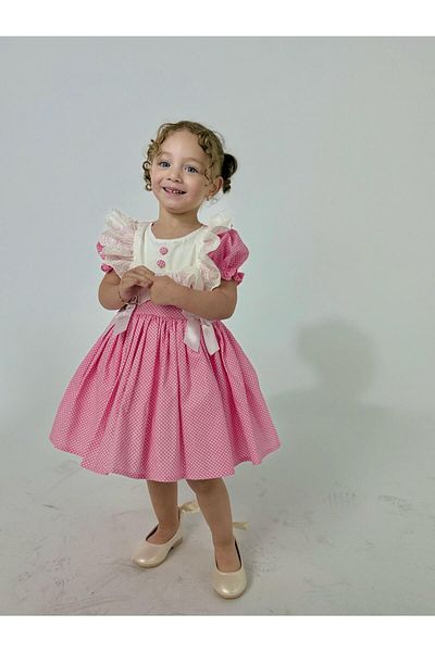 Hly Karol Tasarım Laurel Pink Buttoned Vintage Baby Girl Dress, Birthday Dress, Photo Shoot Dress, Suitable for 0-7 Years Old