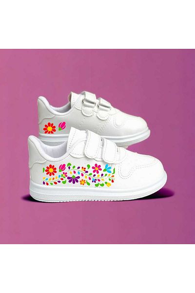 liasdesing Spring Flowers Printed White Banded Children's Sports Shoes Sneaker