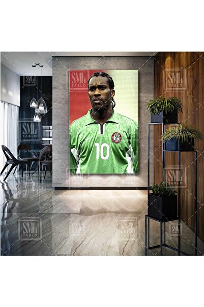 SML TABLO Jay Jay Okocha Nijerya Yeşil Forma Futbol Spor Dikey Kanvas Tablo