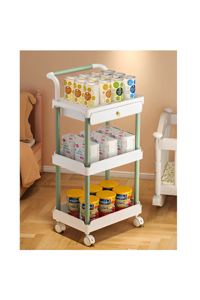 Herum Shelf with 3 shelves and drawer, with wheels, plastic, White/Green, 36.5 x 28 x 74.5 cm